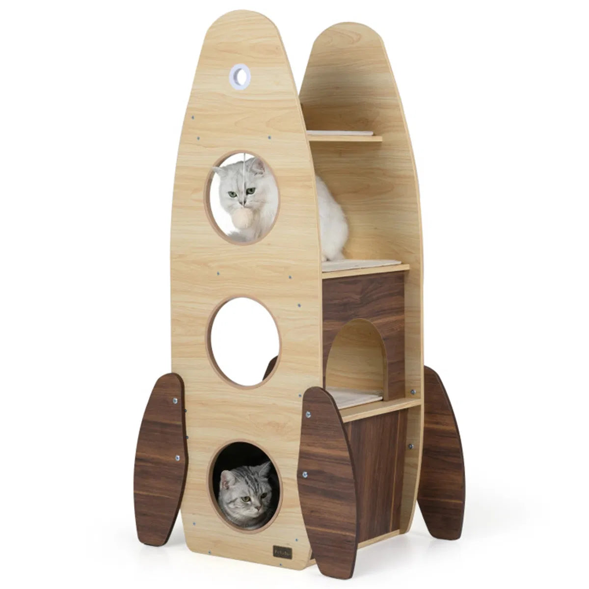 4-Tier Rocket Shape Cat Tree with 2-Tier Condo Sisal Scratch Pad Hanging Pompom Natural+White