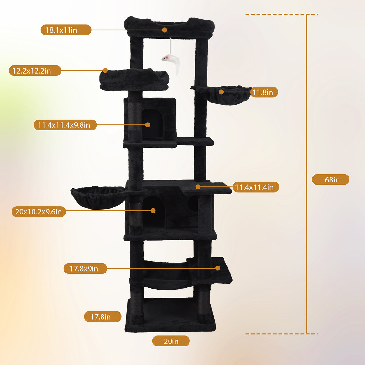 68in Tall Multi-Level Green Cat Tree with Hammocks, Hanging Basket, Cat Cave, Removeable Cushion, Scratching Posts - Plu