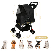 Foldable Pet Stroller for Small Dogs and Cats Under 28 lbs with Multi-Functional Tray, 2 Safety Leashes, Storage Basket 