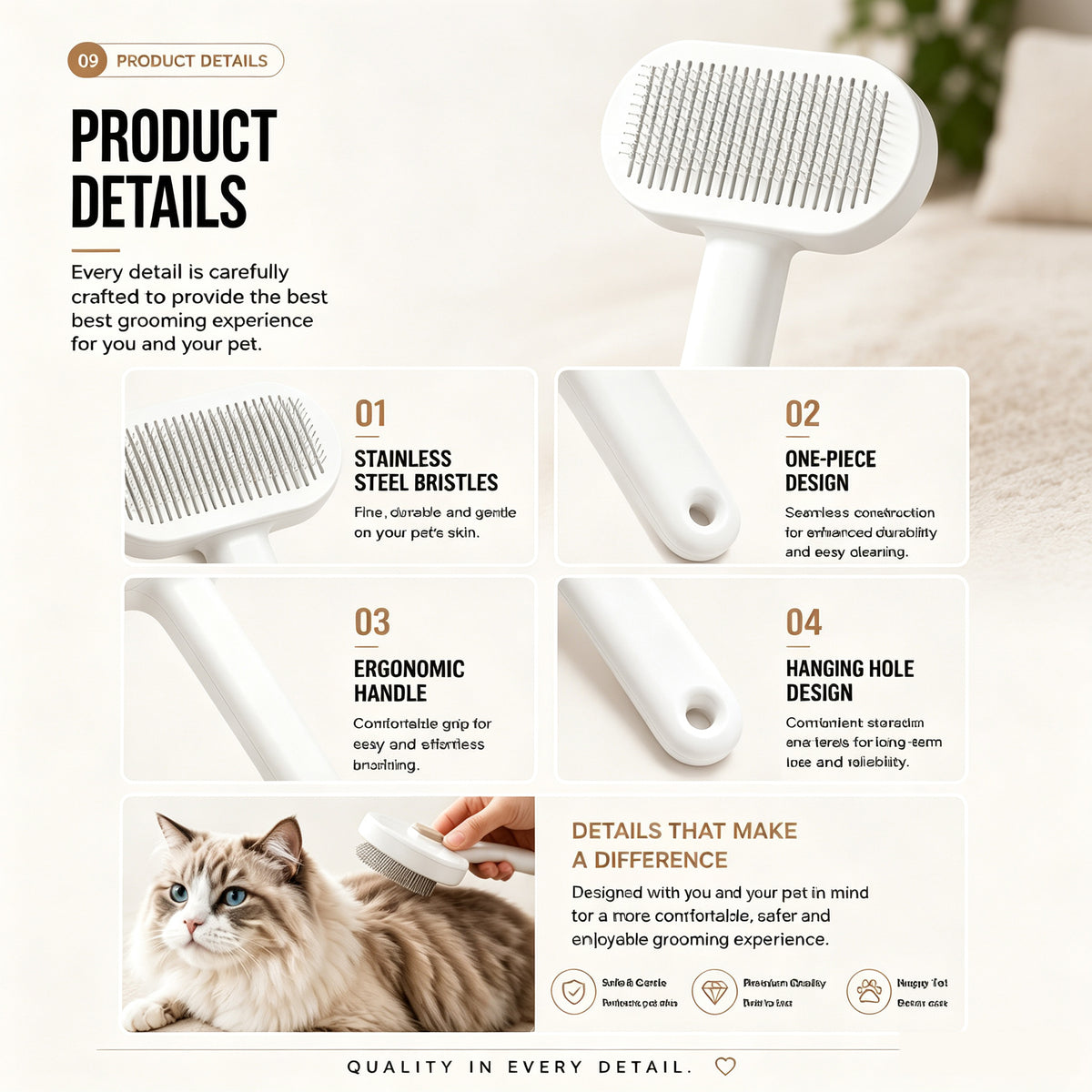 Pet Slicker Brush For Cats & Dogs, Self-Cleaning Grooming Brush With One-Click Hair Removal, Gentle Deshedding Tool For 