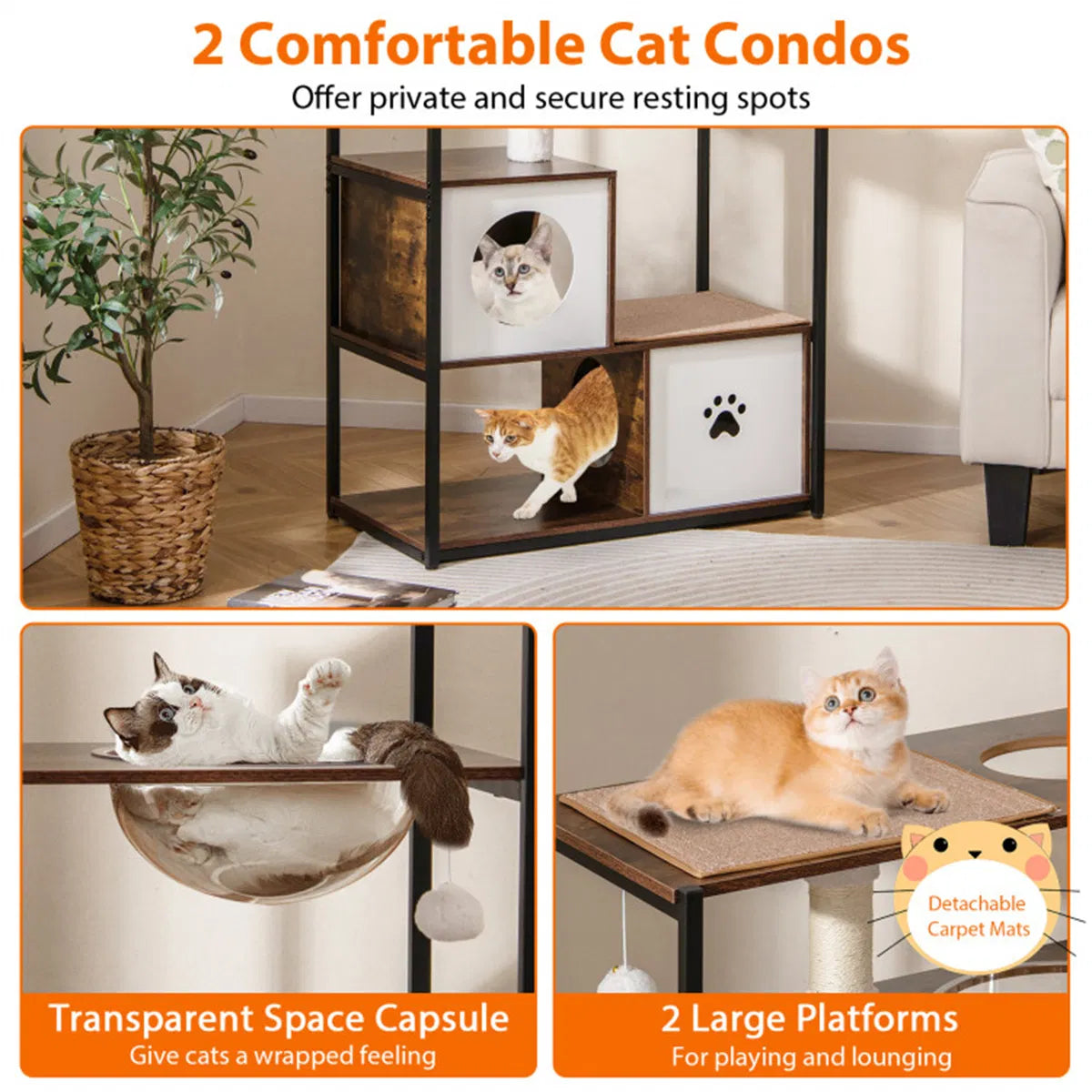 Stylish Wood-Metal Cat Tree - 33 lbs Per Layer Capacity, 2 Private Condos + 2 Relaxation Platforms, Complements Room Dec