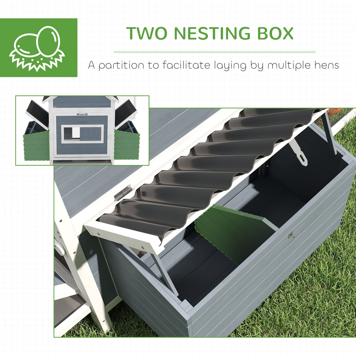 156 Extra Large Wooden Chicken Coop With 2 Nesting Box, Run Cage, Waterproof Wave Roof, For 10-15 Chickens, Light Gray