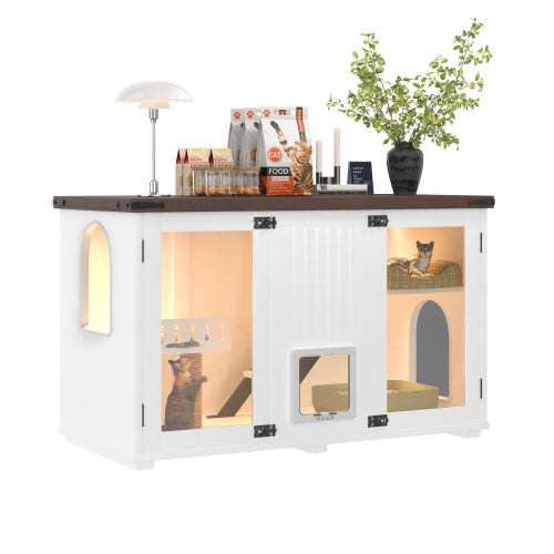 47.25 Large Cat Litter Box Enclosure With LED Light, Hidden Litter Box Furniture, Cat House With Stairs And Cat Scratchi