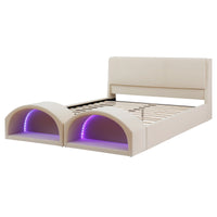 Queen Size Upholstered Platform Bed Frame with Dual Cat Caves, LED Lighted Pet Nests at Footboard, Beige