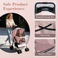 Foldable Pet Stroller for Small Dogs and Cats Under 28 lbs with Multi-Functional Tray, 2 Safety Leashes, Storage Basket 