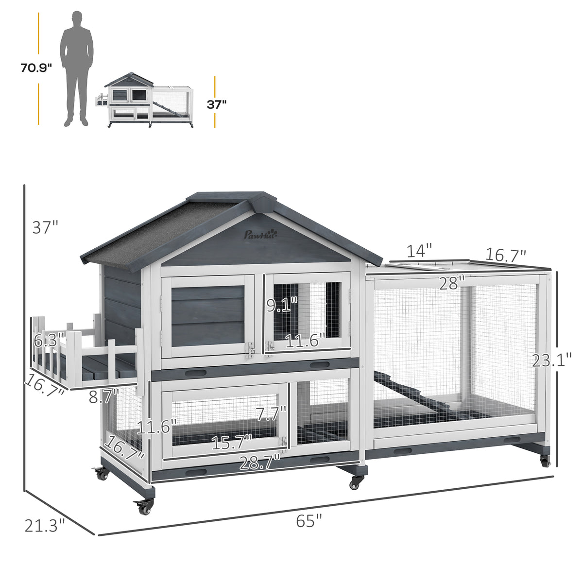 65" Wooden Rabbit Hutch, Pet Playpen with Openable Roof & Storage Box for Rabbits and Small Animals, Gray