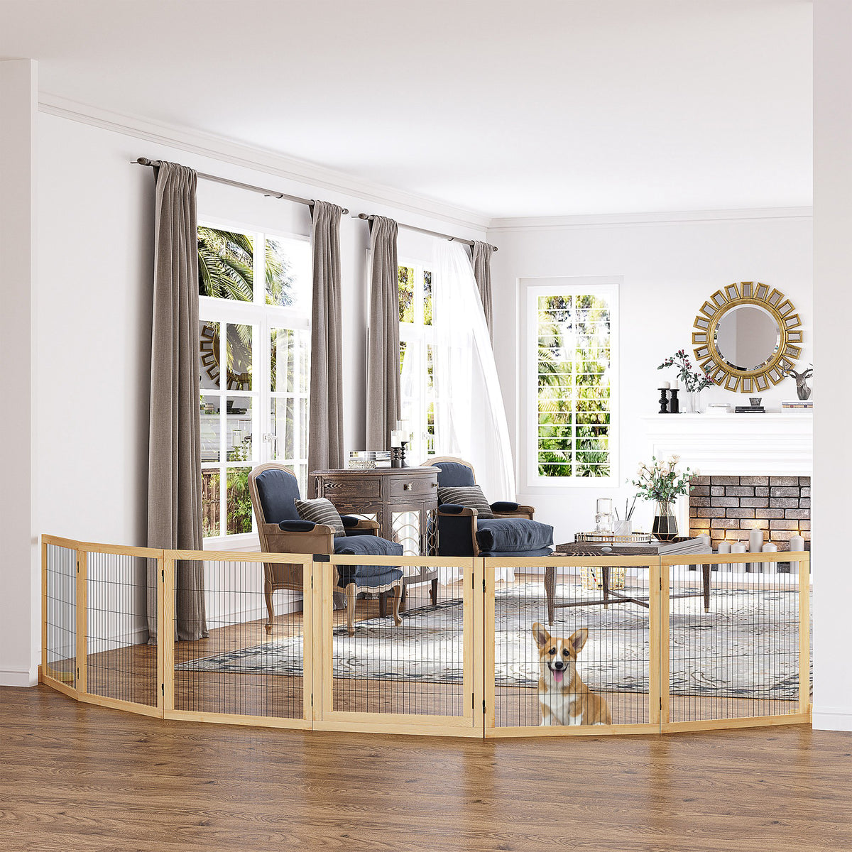 Wooden Pet Gate, 6-Panel Folding Dog Safety Barrier with Support Feet for Small & Medium Dogs, Natural Wood