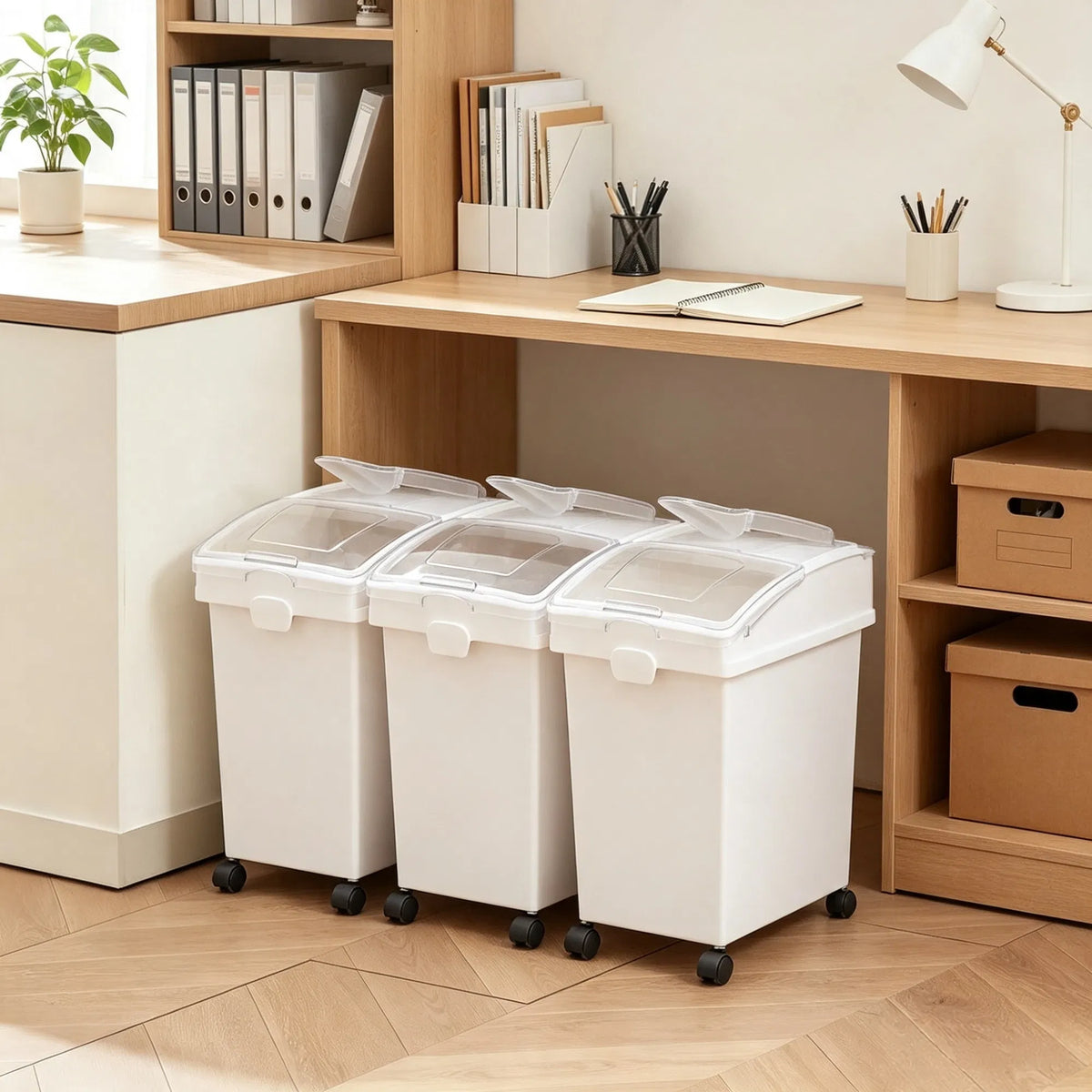 3-Pack 25L Large Rice Storage Container, Airtight Dog Food Dispenser Bin with Wheels & 3 Scoops, Kitchen Grain Cereal Fl