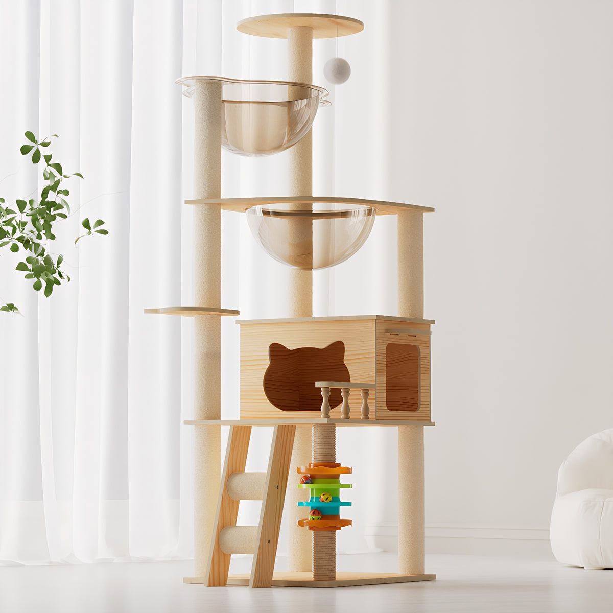 59" Modern Cat Tower, Wood Cat Tree Tower for Indoor Cats, Cat Treewith Sisal-Covered Scratching Posts and Top Perch, Ca