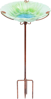 26 Inch Height Glass Birdbath Birdfeeder with Metal Stake Garden Outdoor Green - BIG FRENCHIES