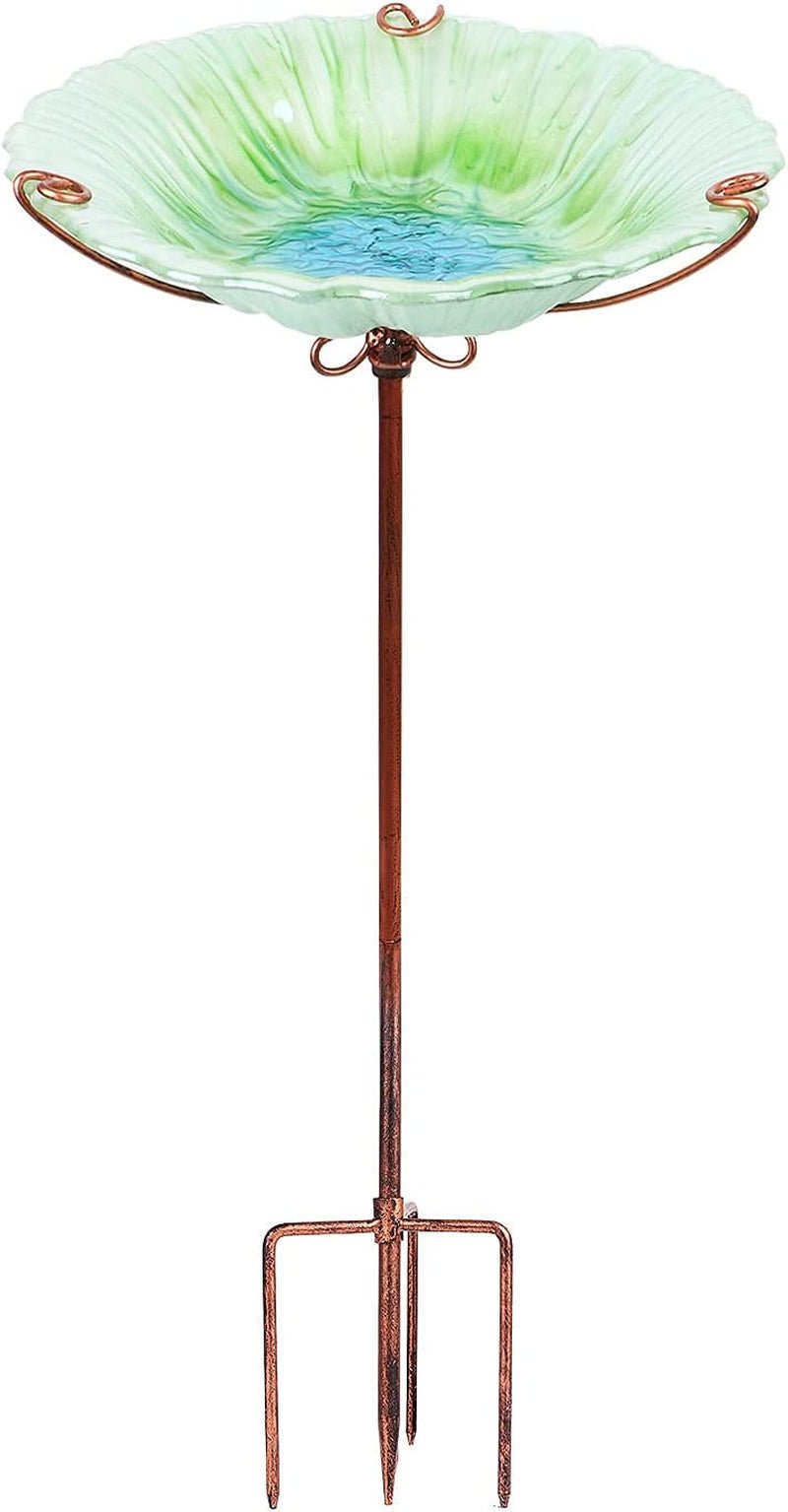 26 Inch Height Glass Birdbath Birdfeeder with Metal Stake Garden Outdoor Green - BIG FRENCHIES
