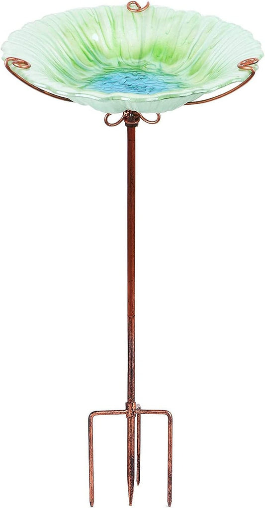 26 Inch Height Glass Birdbath Birdfeeder with Metal Stake Garden Outdoor Green - BIG FRENCHIES