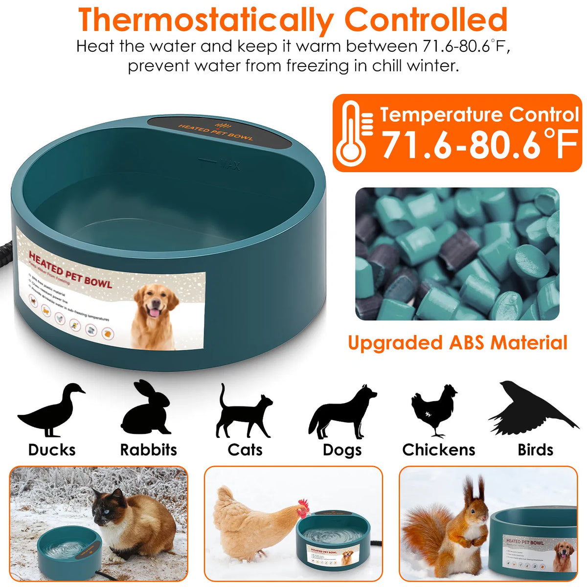 Heated Water Bowl for Dog Cat 74.4OZ Heating Water Dish IP67 Waterproof Thermal Water Bowl Heated Pet Bowl Dog Cat Water