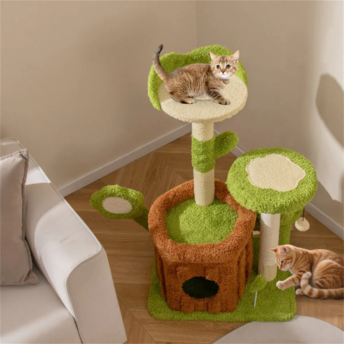 36" Jungle Theme Cat Tree - Washable Peach Skin, Sisal Scratching Post & Interactive Toys