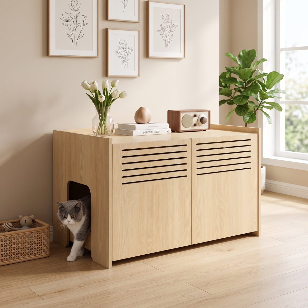 Modern Wooden Cat House with Scratching Pad , Cat Litter Box Enclosure, Spacious Hidden Cat Litter Box -33.46" x 21.06" 