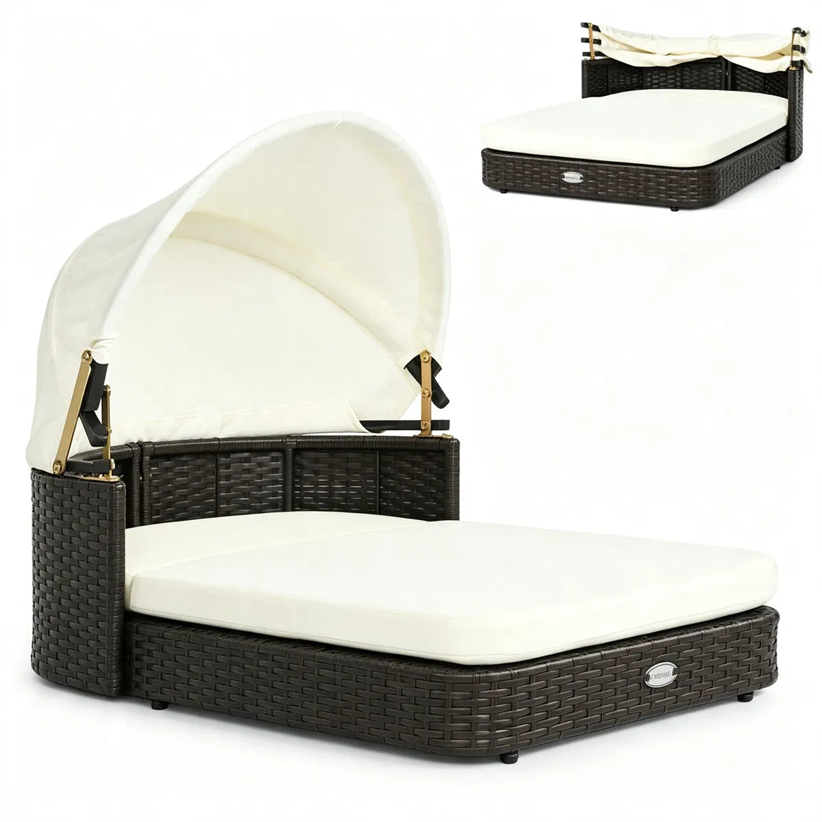 Hand-Woven PE Rattan Dog Bed with Adjustable Canopy, Elevated Outdoor Pet Daybed with Washable Plush Cushion, Anti-Slip 