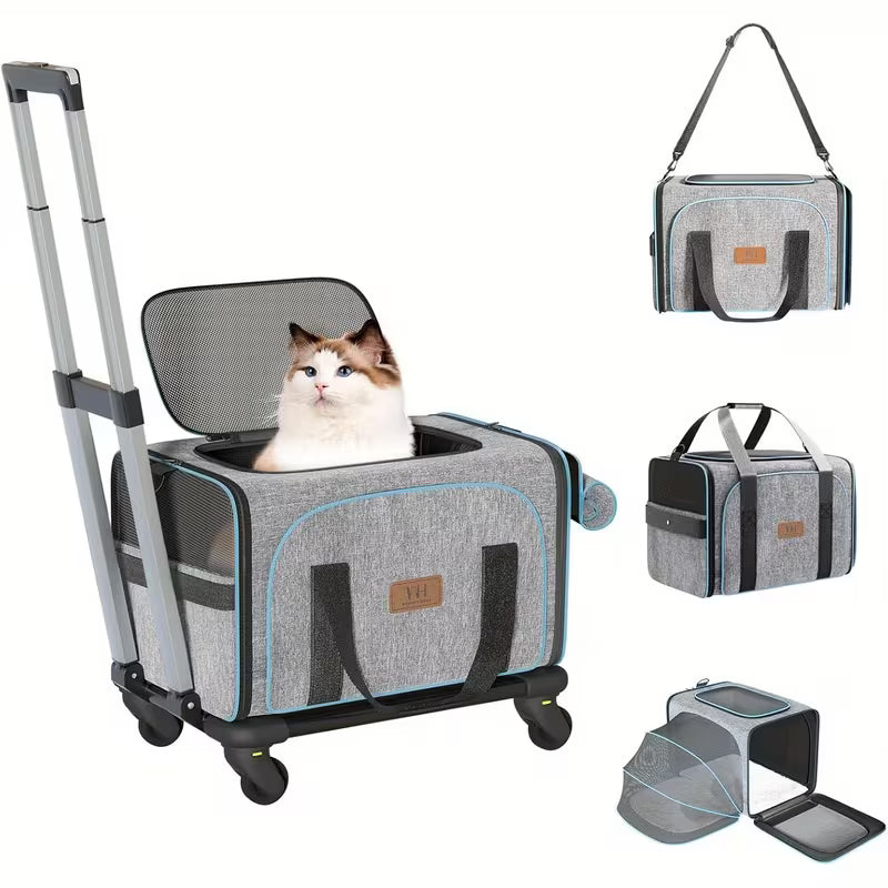 Rolling Cat & Dog Travel Carrier – Expandable Wheeled Pet Cage with Detachable Base & Telescopic Handle, Airline Approved