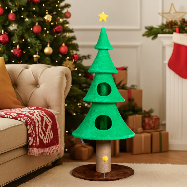 59in Large Tall Christmas Tree Cat Tower With 2 Cat Condos & Scratching Post, Soft Fleece Cat Tree With Teaser Toy & Stu