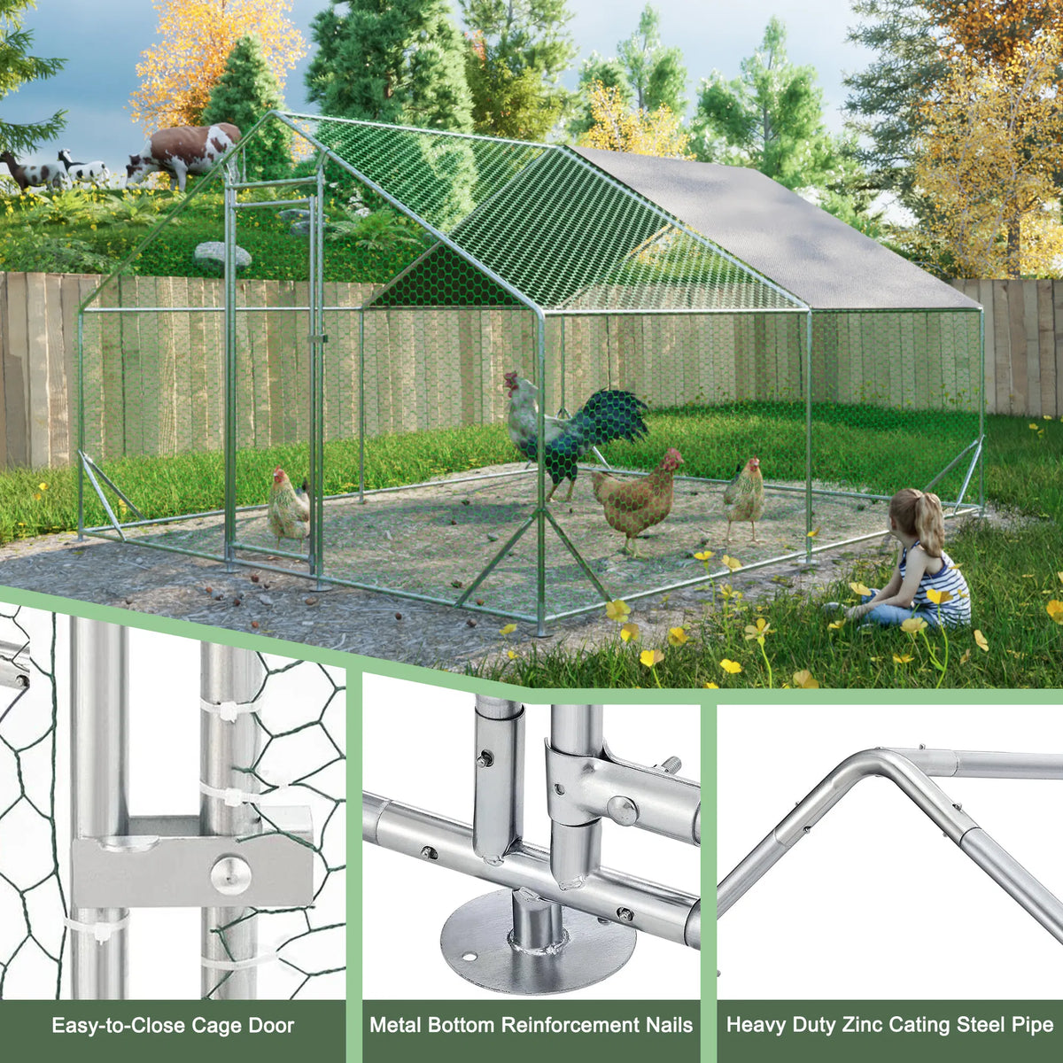 10 x 13ft Outdoor Large Metal Chicken Run Coop with 1 piece of Waterproof Cover, Garden Backyard Walk-in Hen Cage Poultr