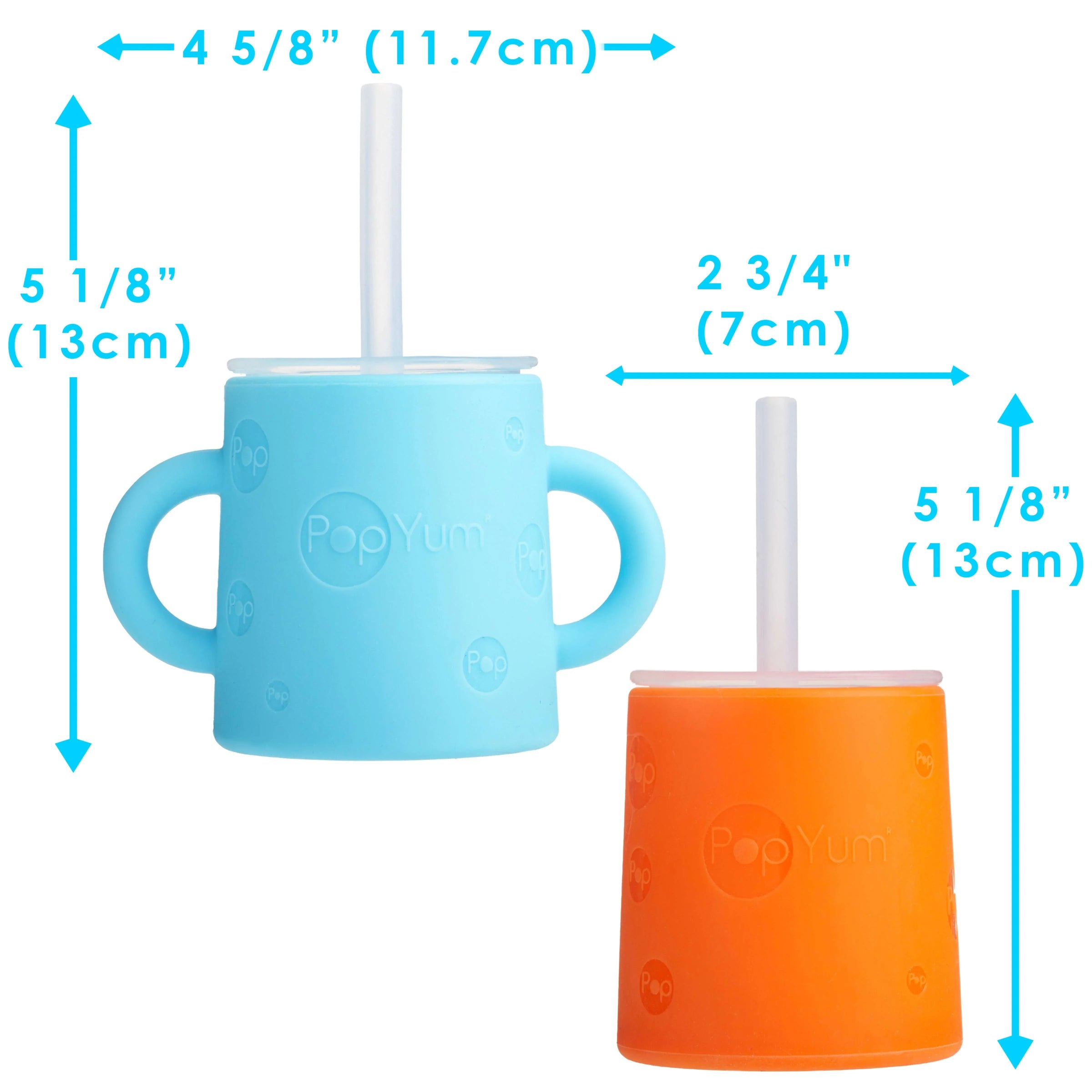 PopYum Silicone Training Cup with Straw + Lid 2-Pack for Baby, Infant and Toddler, Tumbler, Sippy, handles, 5 ounce (blue, orange) - BIG FRENCHIES
