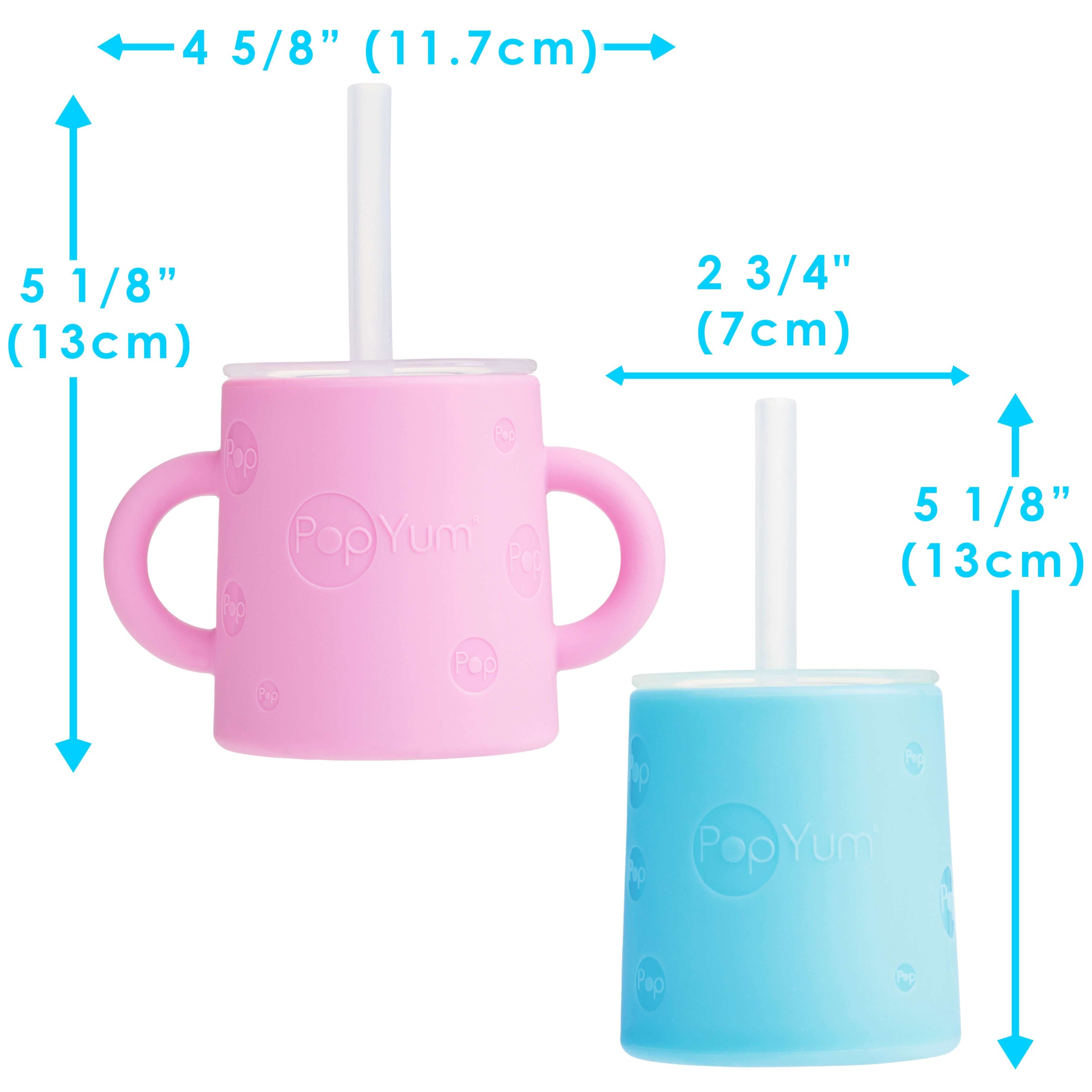 PopYum Silicone Training Cup with Straw Lid 2-Pack for Baby, Infant and Toddler, Tumbler, Sippy, handles, 5 ounce (blue, pink)