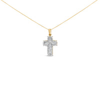 14K Yellow Gold 2.0 Cttw Multi-Row Diamond Cross Pendant Necklace