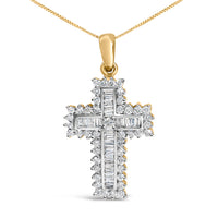 14K Yellow Gold 2.0 Cttw Multi-Row Diamond Cross Pendant Necklace