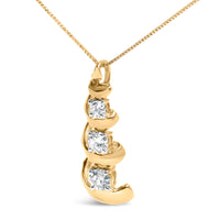 10k Yellow Gold 1/4 Cttw Diamond 3 Stone Swirl and Drop Pendant Necklace