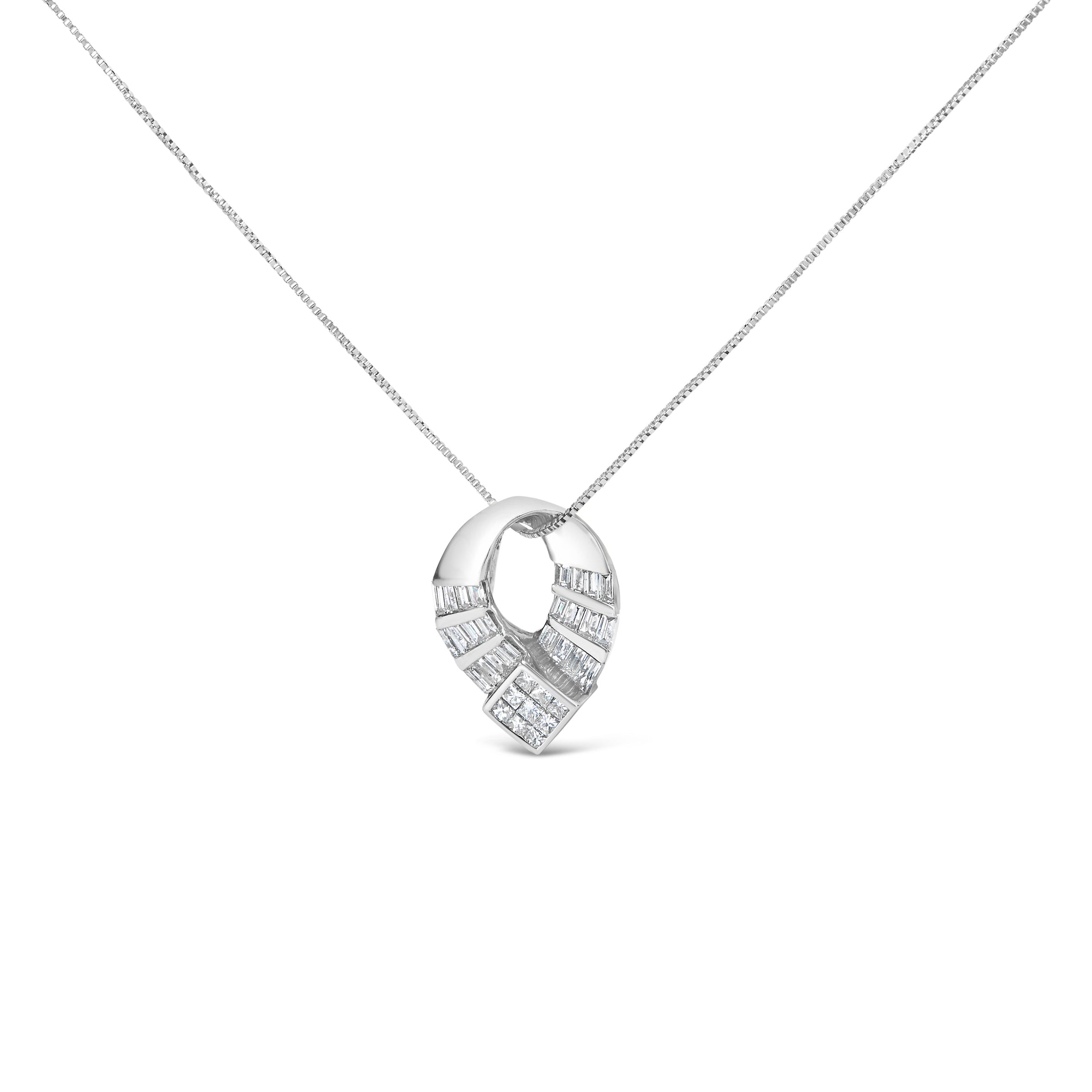 14k White Gold 1 5/8 Cttw Invisible Set Princess and Channel Set Baguette Diamond Curved Oval Shape Pendant Necklace (G-H Color, VS2-SI1 Clarity)