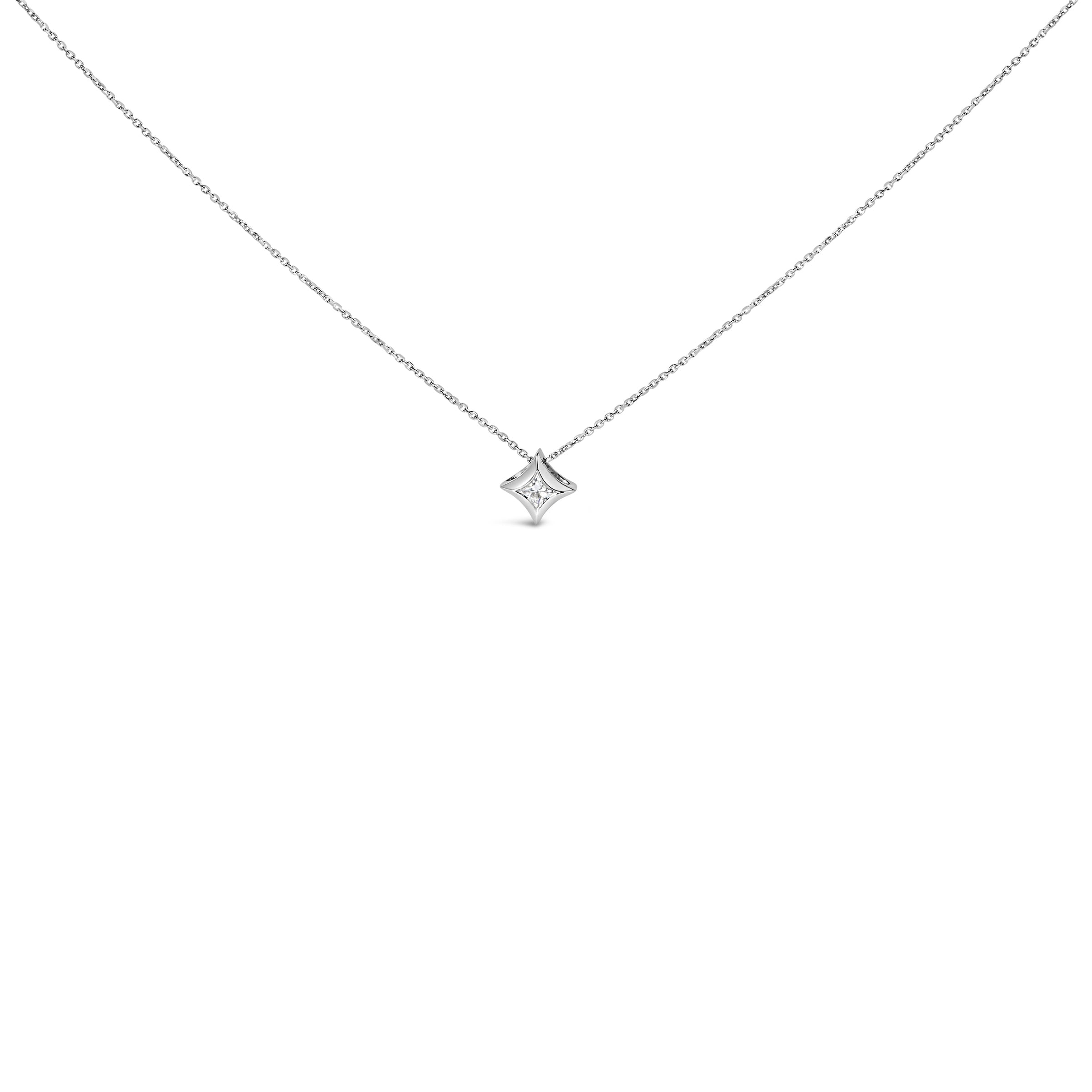 10K White Gold 1/10 Cttw Bezel Set Solitaire Princess Cut Diamond Kite Shaped Pendent Necklace - 18" Inches