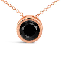 14K Rose Gold 3 1/2 Cttw Bezel-Set Black Round Diamond Solitaire Pendant Necklace (Black Color, I2-I3 Clarity) - 18"
