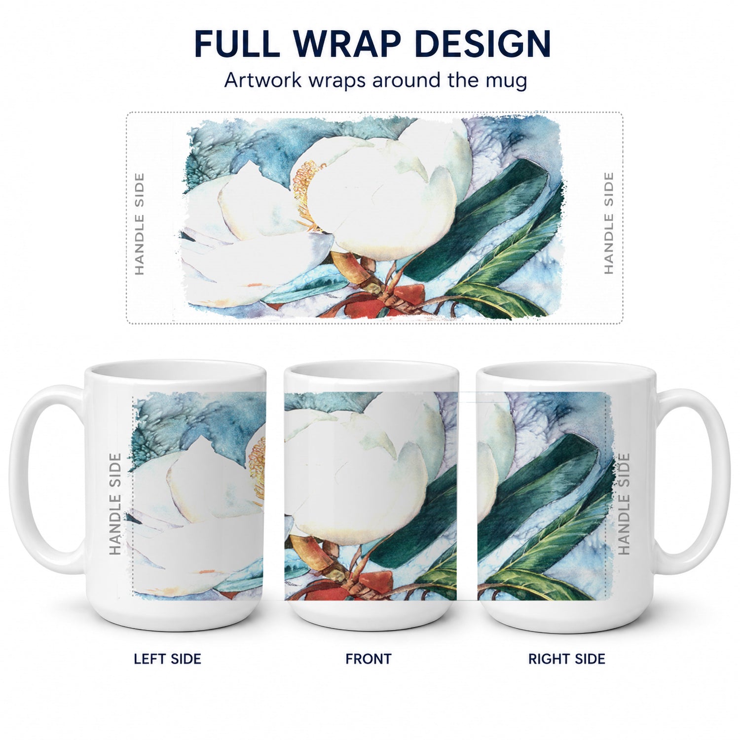 Magnolia Ceramic Coffee Mug 15 oz Decorative Large C Handle Mug Cup for Tea, Cocoa Hot Chocolate