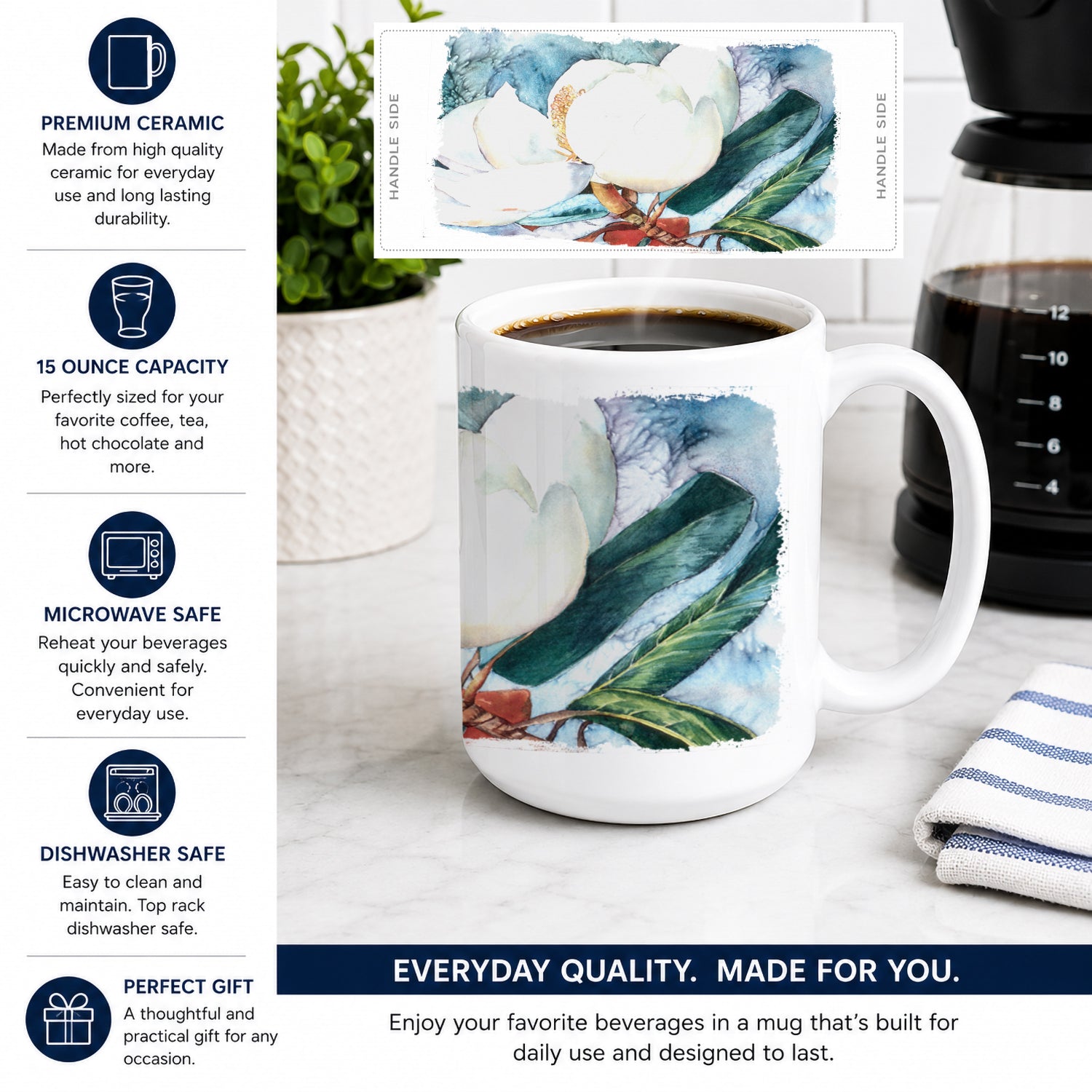 Magnolia Ceramic Coffee Mug 15 oz Decorative Large C Handle Mug Cup for Tea, Cocoa Hot Chocolate