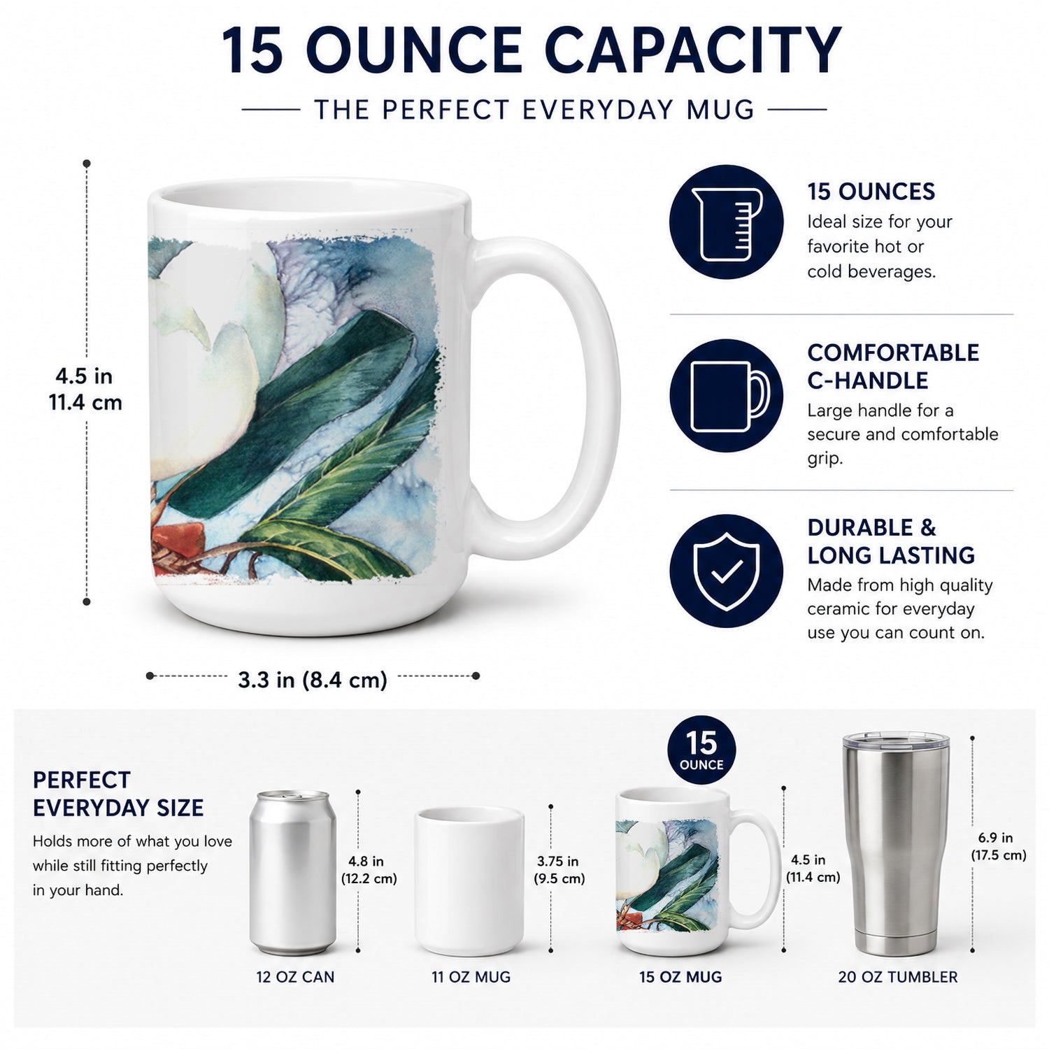 Magnolia Ceramic Coffee Mug 15 oz Decorative Large C Handle Mug Cup for Tea, Cocoa Hot Chocolate