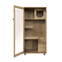 Basia Rubber Wood Cat Cabinet with Wheels, Ventilated Indoor Cat Condo with Multi-Level Shelves & Lockable Door, Safe & 