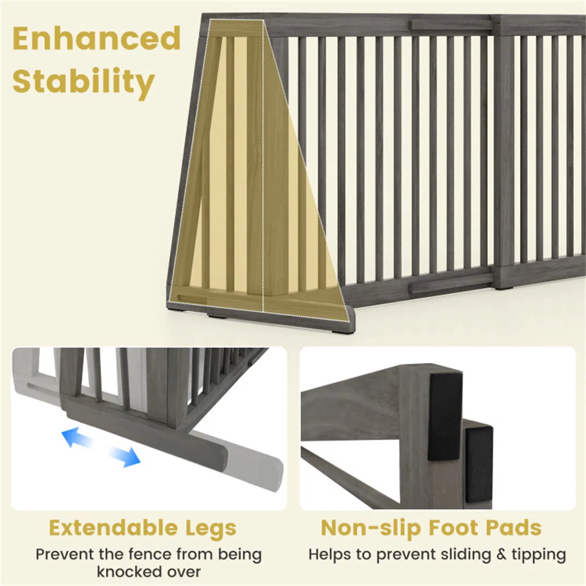 Adjustable Expandable Wooden Pet Gate 22 Inch Tall Freestanding Safety Fence, Gray Pine Wood Slide Dog Gate Easy Assembl