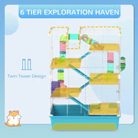 PawHut 6 Tier Hamster Cage With Tubes And Tunnels, Hut, Wheel, Food Dish, Water Bottle, Ramps, For Dwarf & Gerbil, Light