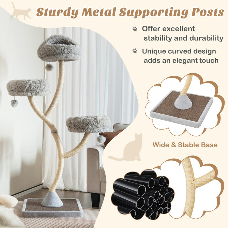 70" Tall Metal Cat Tree Tower with 3 Plush Perches & Sisal Scratching Posts - BIG FRENCHIES
