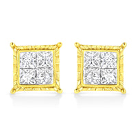 14K Yellow Gold 1.0 Cttw Invisible Set Princess-Cut Diamond Composite 8 Stone Stud Earrings (I-J Color, SI1-SI2 Clarity)