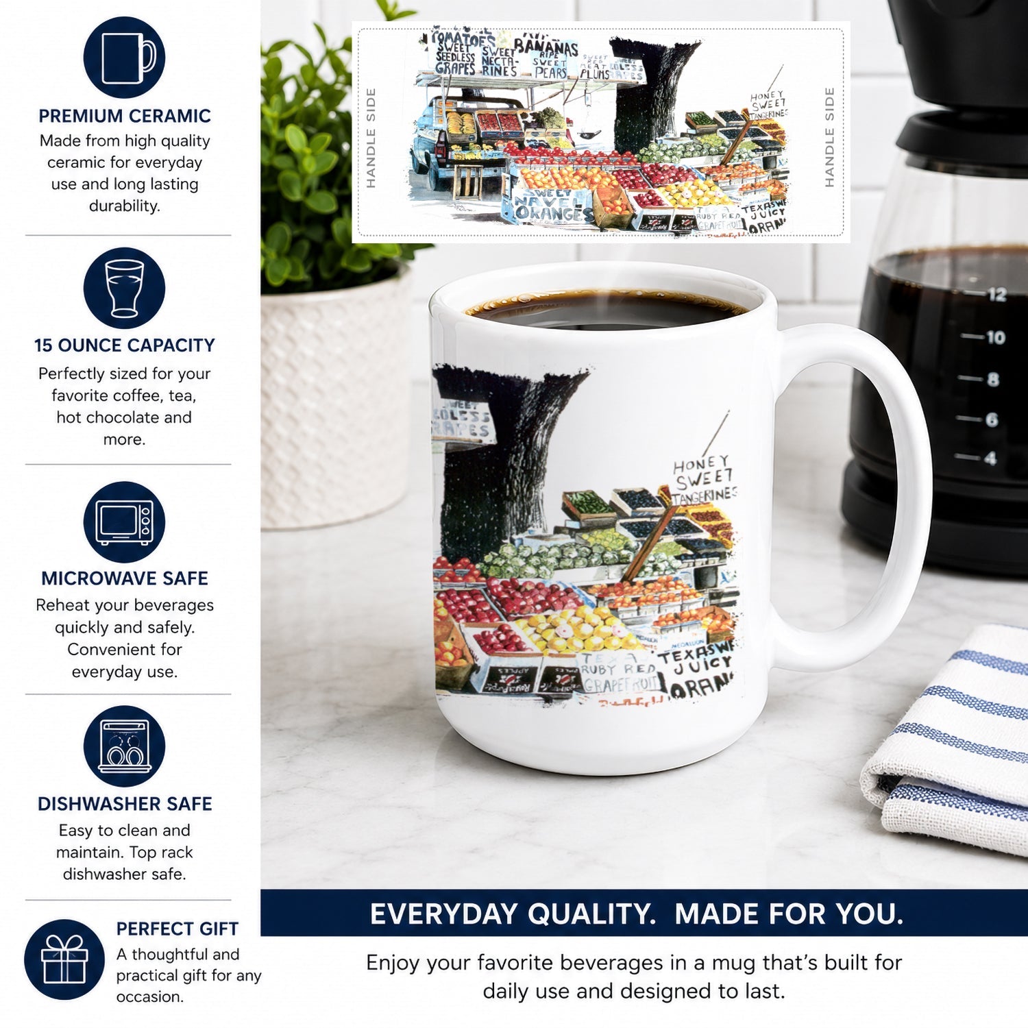 Fruit Stand Ceramic Coffee Mug 15 oz Decorative Large C Handle Mug Cup for Tea, Cocoa Hot Chocolate