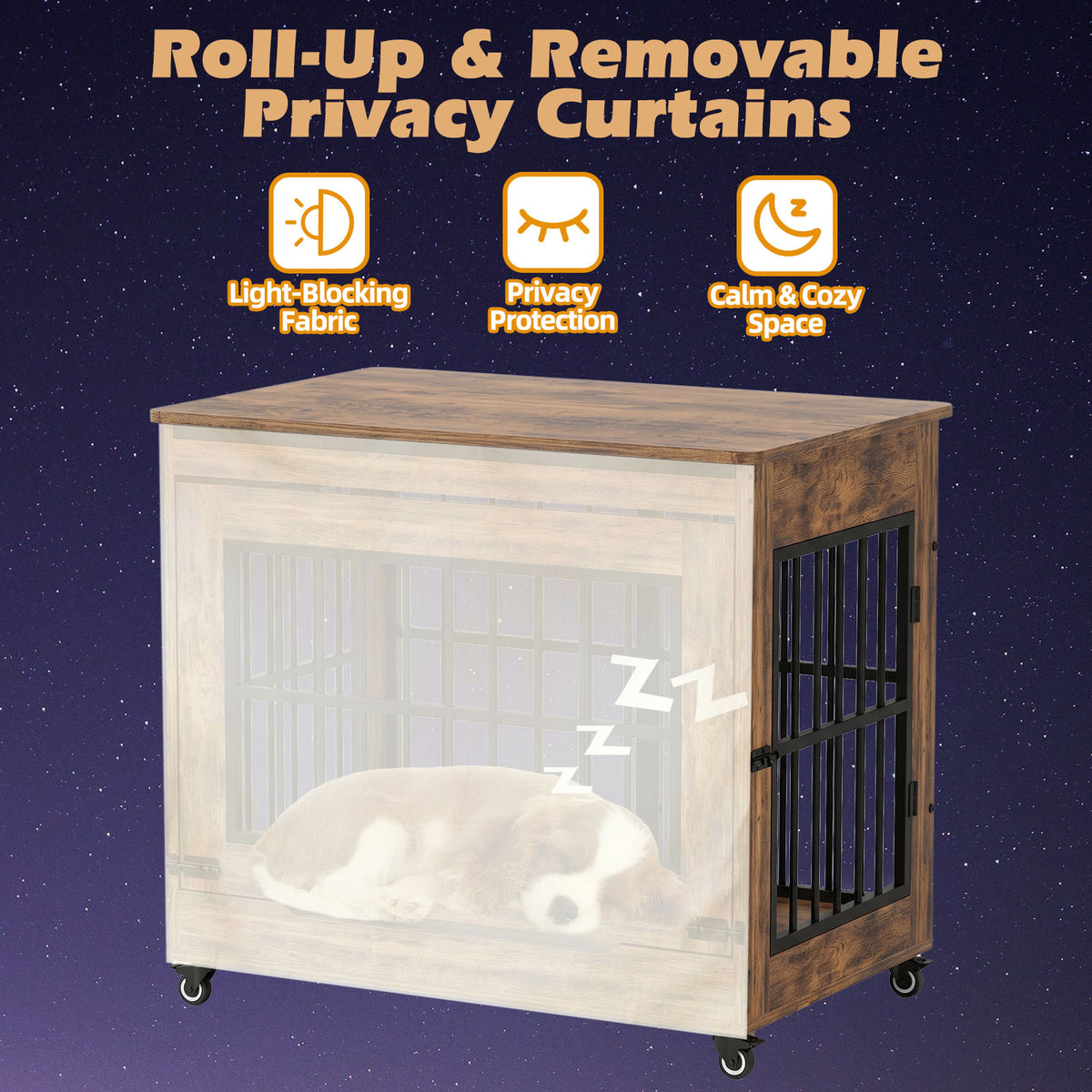 32in Dog Crate Furniture, Double Door Wooden Indoor Dog Kennel Furniture, Decorative Pet Cage End Table With Wheels For 