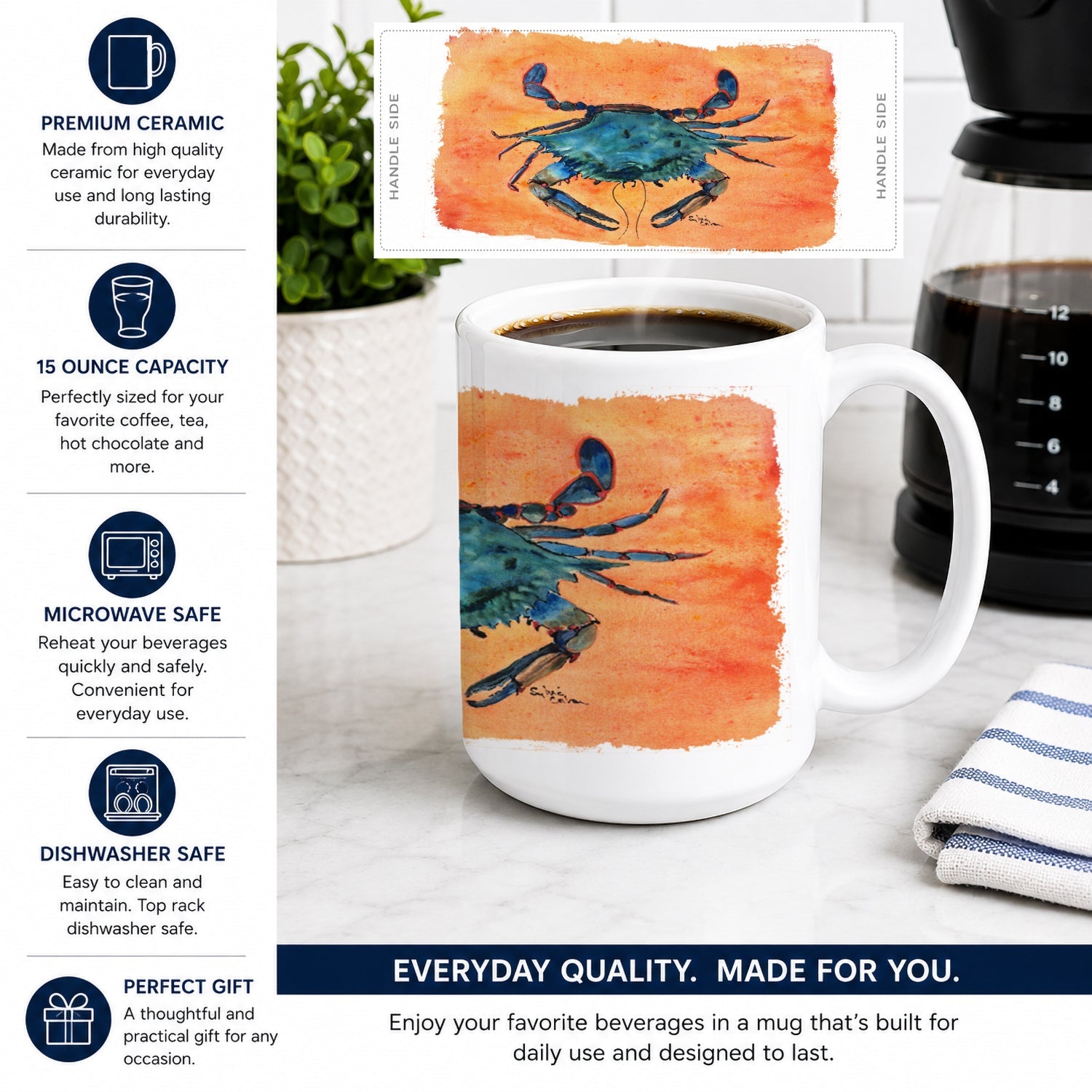 Crab Ceramic Coffee Mug 15 oz Decorative Large C Handle Mug Cup for Tea, Cocoa Hot Chocolate