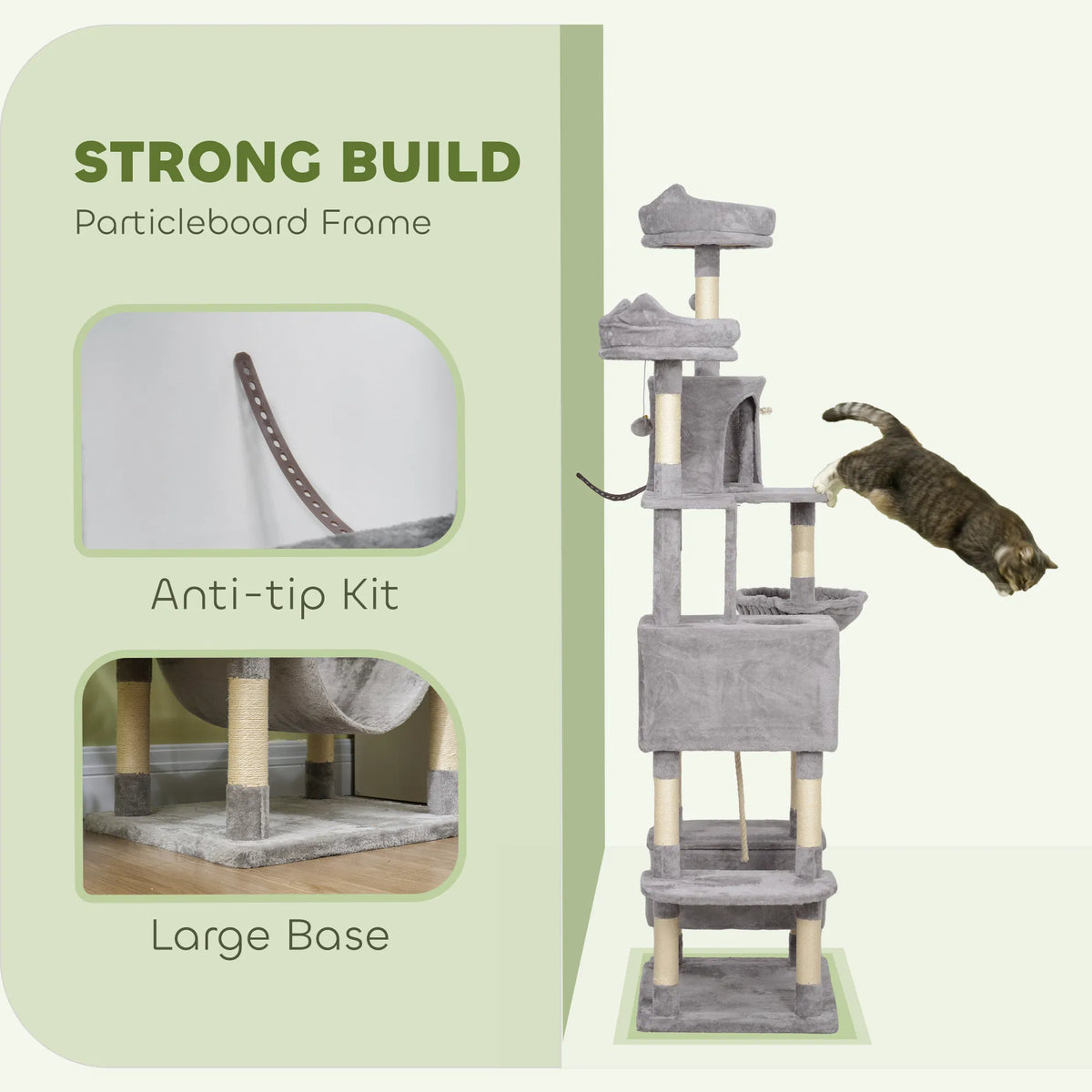 81" Large Cat Tree w/ Scratching Posts, Condos, Beds, Hammocks, Jumping Platforms, Toy Balls, Rope Cat Toy, Light Grey