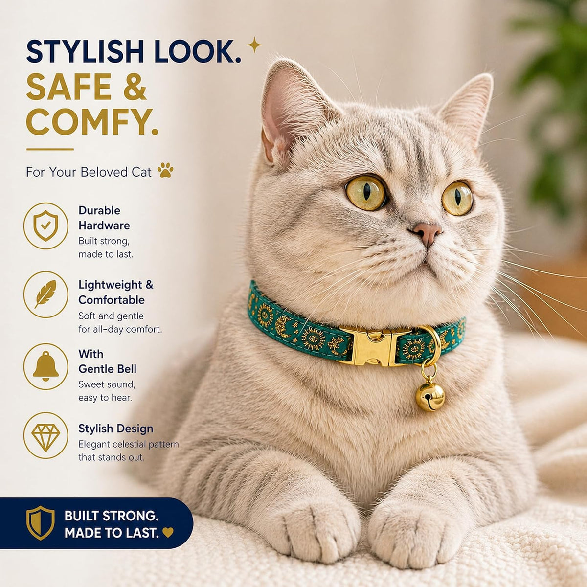 Cat Collar with Bell for Kittens & Cats, Moon & Stars Design – Essentials for Cats - Mallard Collar / X-Small (Pack of 1) - image 2