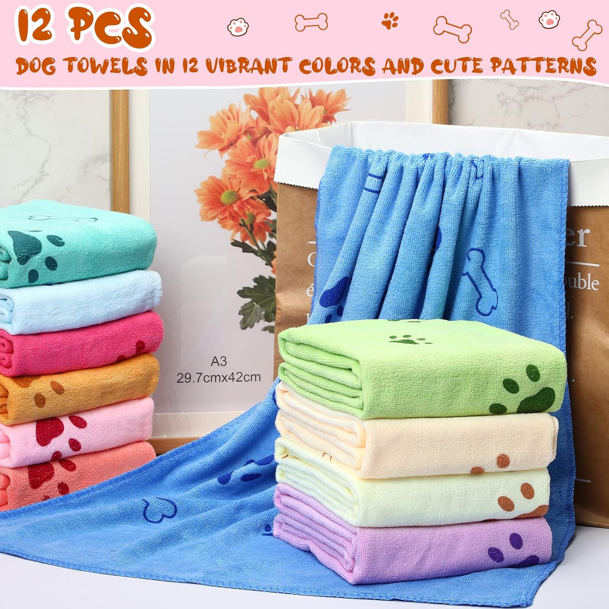 Irenare 12 Pack Dog Bath Towel Set 20'' x 39'' Microfiber - Multicolor - image 3