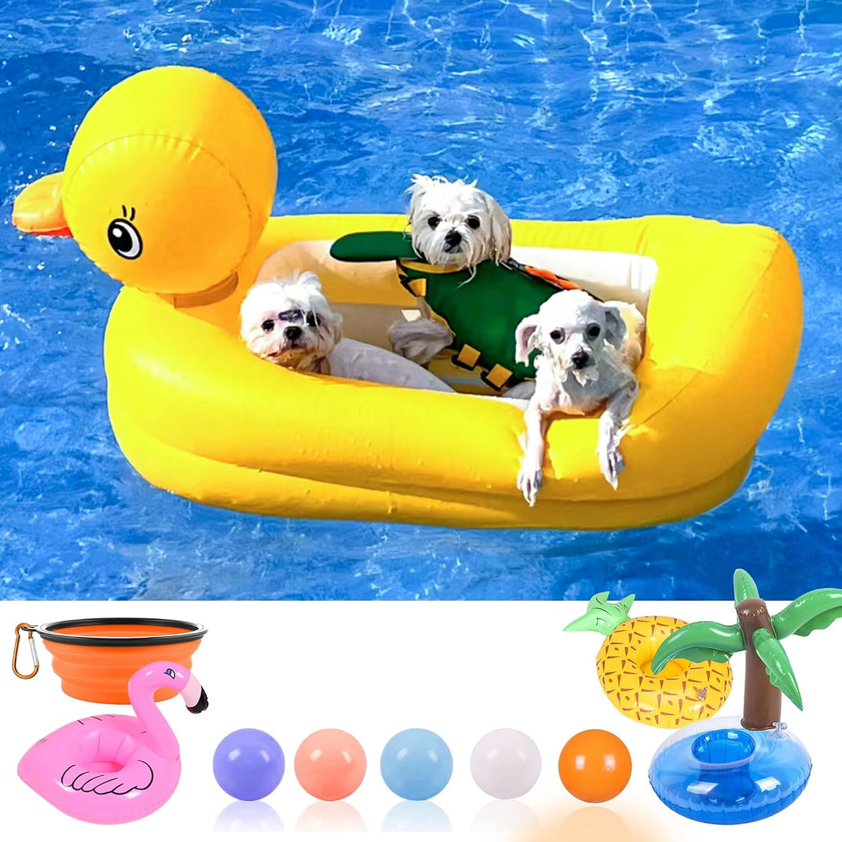 Dog Pool Floats Set, Dog Float Raft with Collapsible Dog Bowl - Yellow