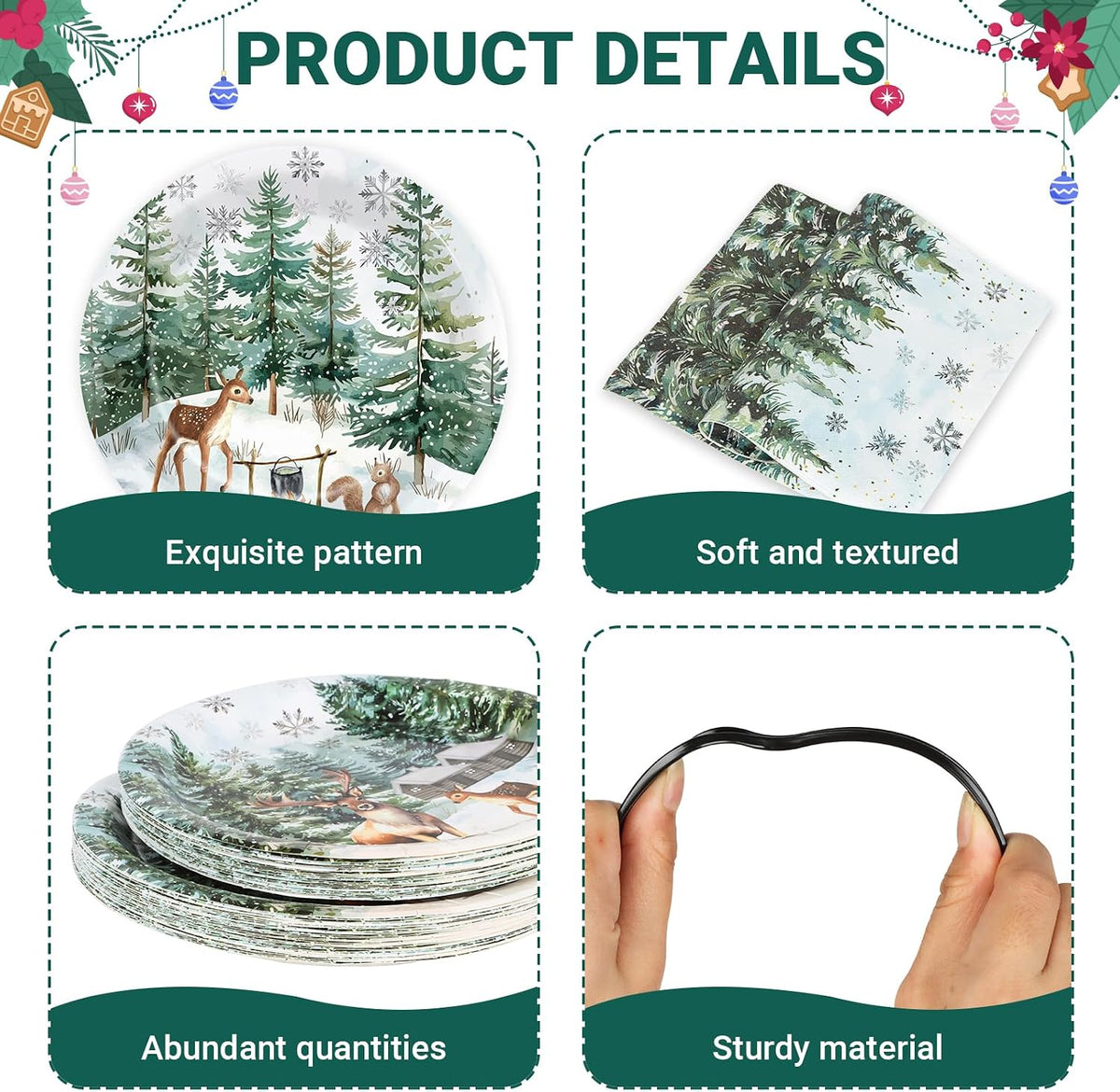 GOLDGAO Christmas paper plates and napkins with buffalo plaid border and snowman print - view 12