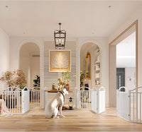 BHG Metal No-Assembly Freestanding Dog Gate with Door Walk Through, Extra Wide 96", Extra Tall 32" Pet Gate, Accordion Puppy Folding Playpen Dog Fence for Indoor & Outdoor, with 2PCS Support - White