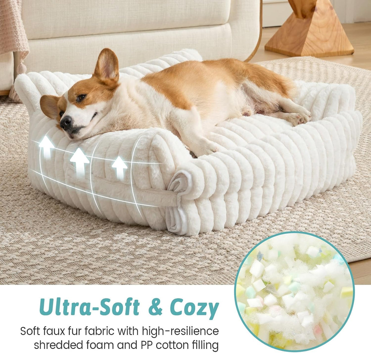 COZY KISS Cute Cat Couch, Fluffy Sofa Bed for Cats and Small Dogs, Premium Faux Rabbit Fur Cats - Cream / Medium: 32'' x 24'' - image 4