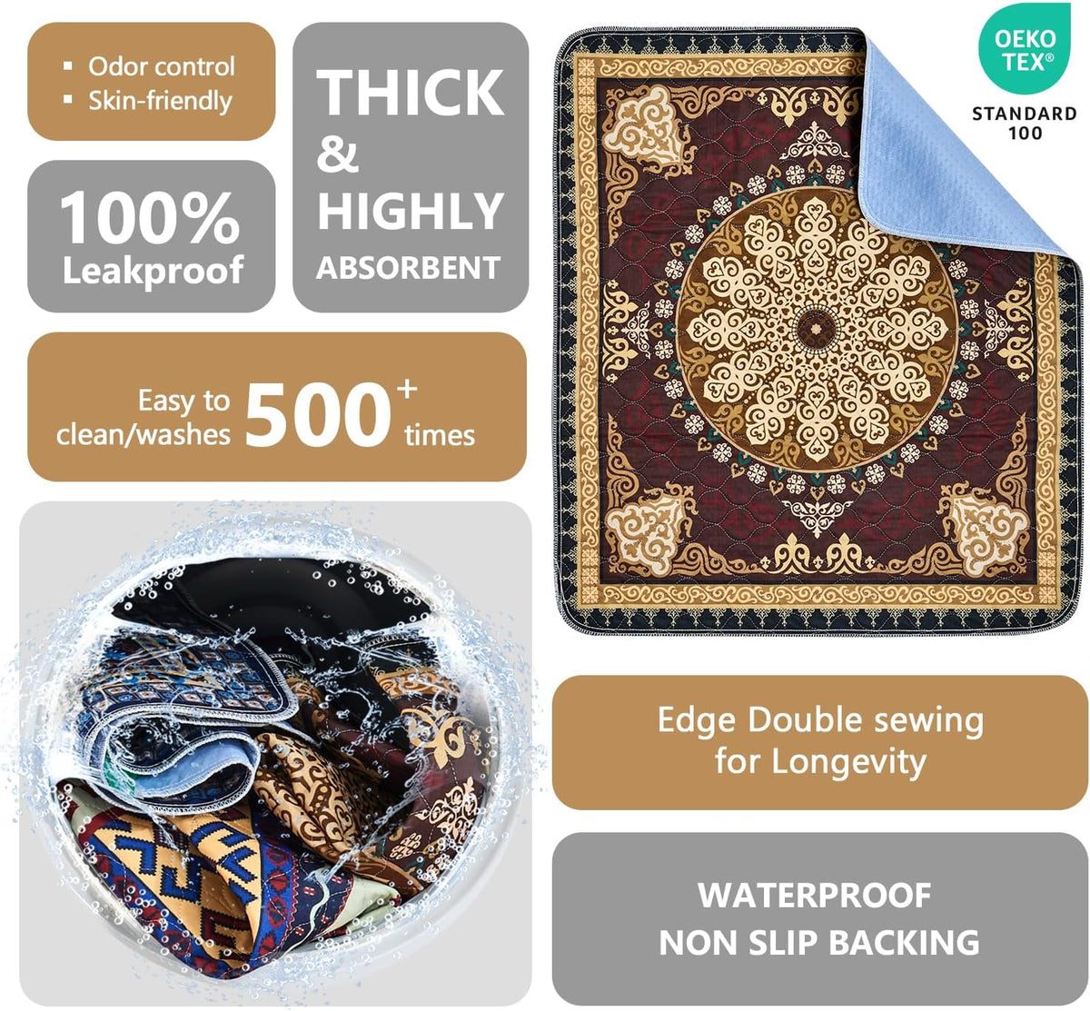 Washable Pee Pads, Super Absorbent Puppy Pads - Brownish Black Medallion / 72"*72"(Pack of 1) - image 4